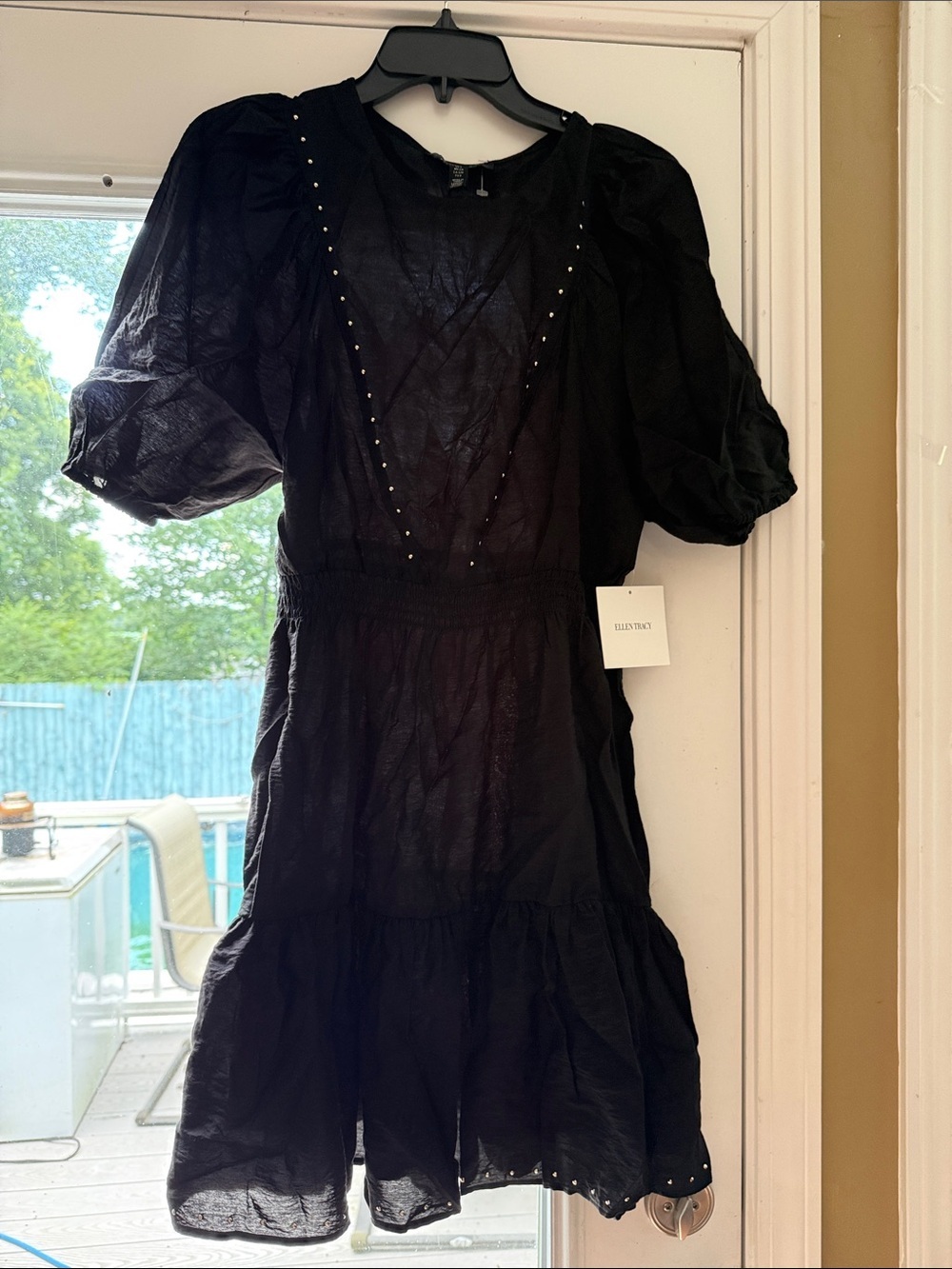 Ellen Tracy Black Puff-Sleeve Tiered Mini Dress with Stud Trim